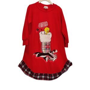 Vtg Girls Sz 4T Red Thermal Looney Tunes Nightgown Tweety Sylvester Christmas